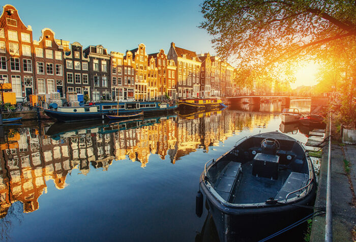 Amsterdam canal at sunset. Netherlands.
