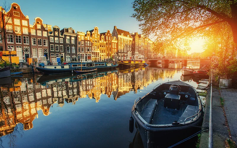 Amsterdam canal at sunset. Netherlands.