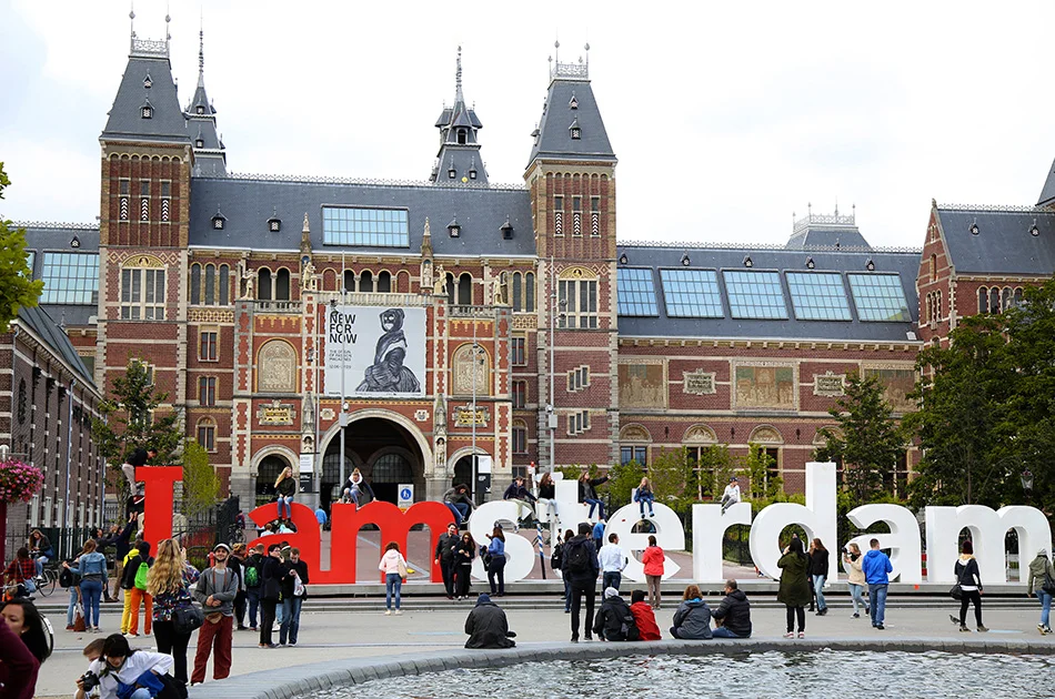 View on Rijksmuseum (National state museum) with words, popular touristic destination in Amsterdam, Netherlands