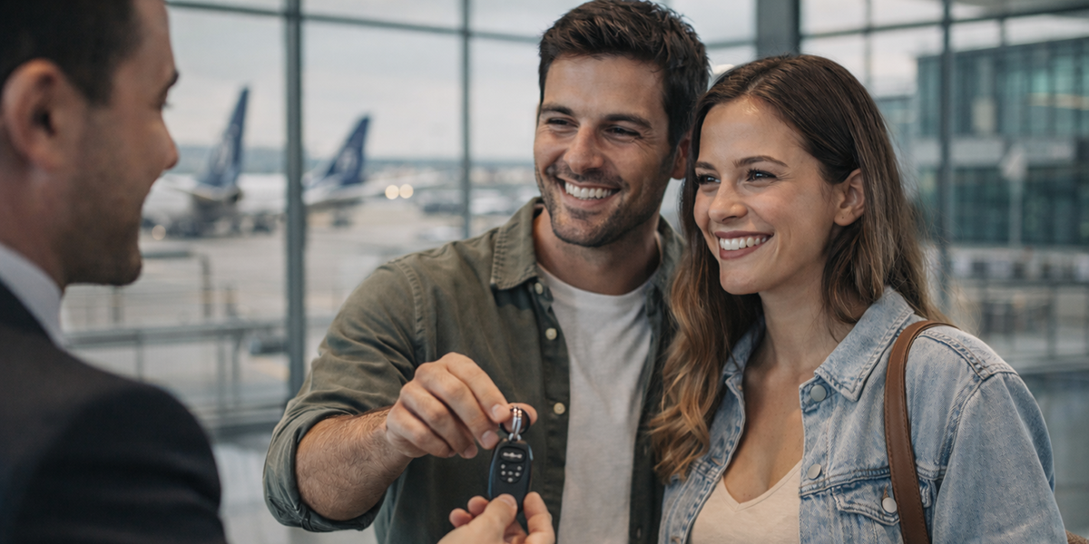 Par koji preuzima unajmljeni automobil na Zračnoj luci Rim Fiumicino, preuzimajući ključeve od djelatnika rent-a-cara unutar terminala.