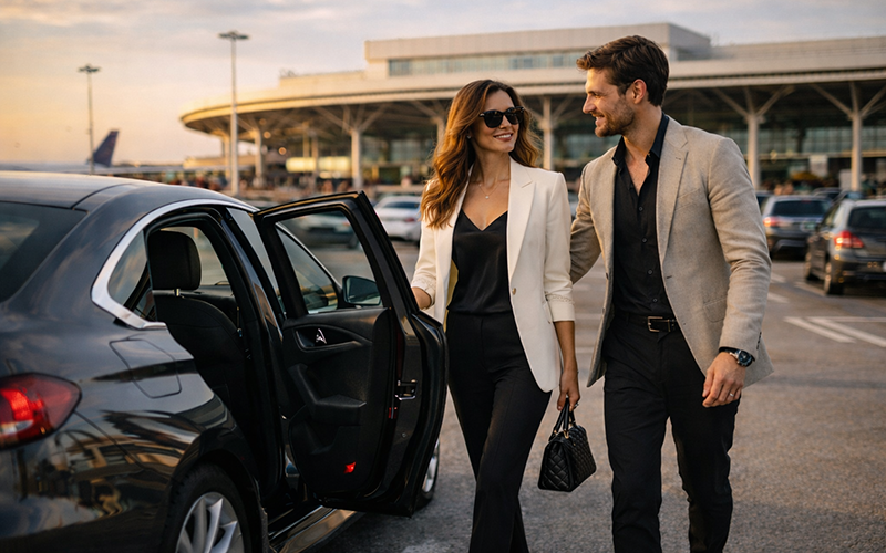 Couple walking from their rental car at Milan Malpensa Airport parking area after completing car rental pickup