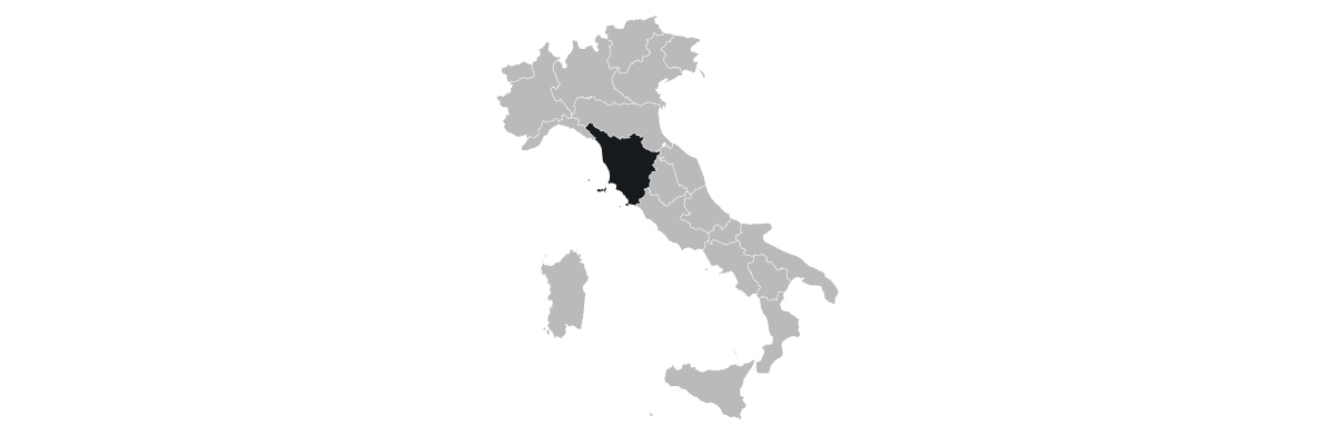 Map of Italy showing Tuscany highlighted in color, with other regions in gray