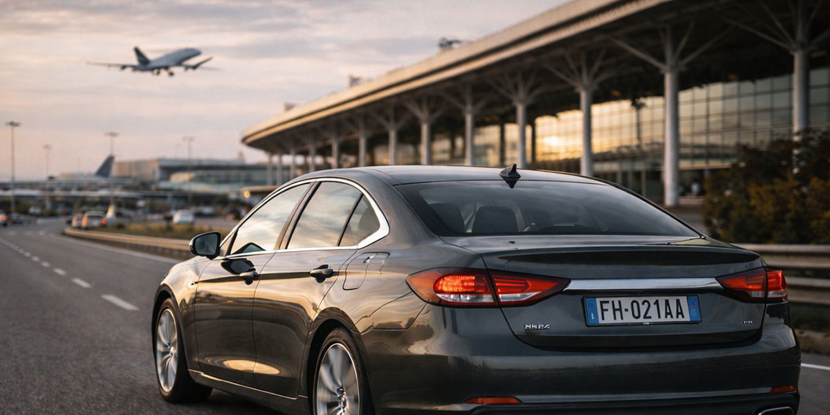 Rental car driving away from Milan Malpensa Airport terminal with airplane taking off in the background