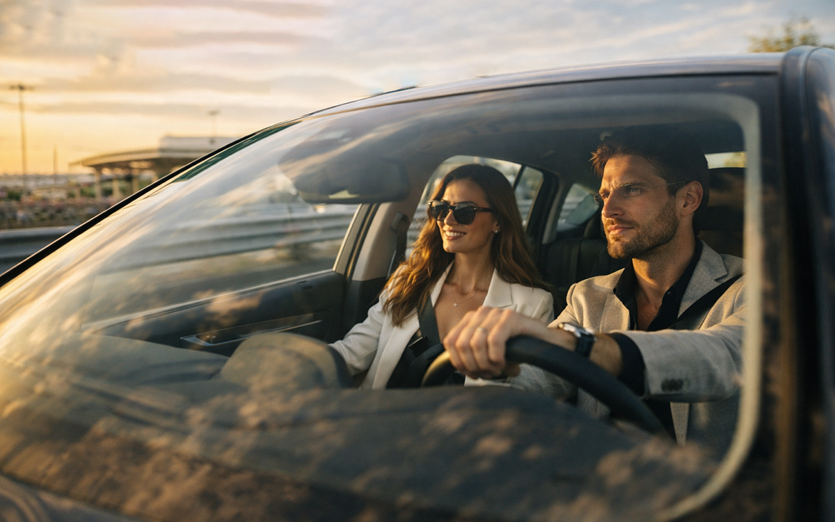 Stylish couple driving a rental car after pickup at Milan Malpensa Airport, heading toward Milan at sunset