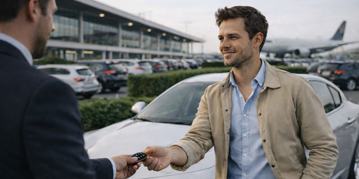 Korisnik preuzima ključeve od djelatnika rent-a-car tvrtke koji mu daje savjeti za najam automobila na zračnoj luci Milano Bergamo