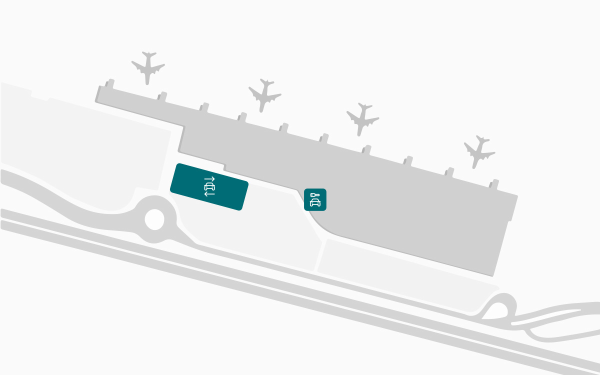 Karta koja prikazuje rent-a-car šaltere, lokaciju preuzimanja vozila i zonu povrata prilikom najma automobila na zračnoj luci Milan Bergamo.