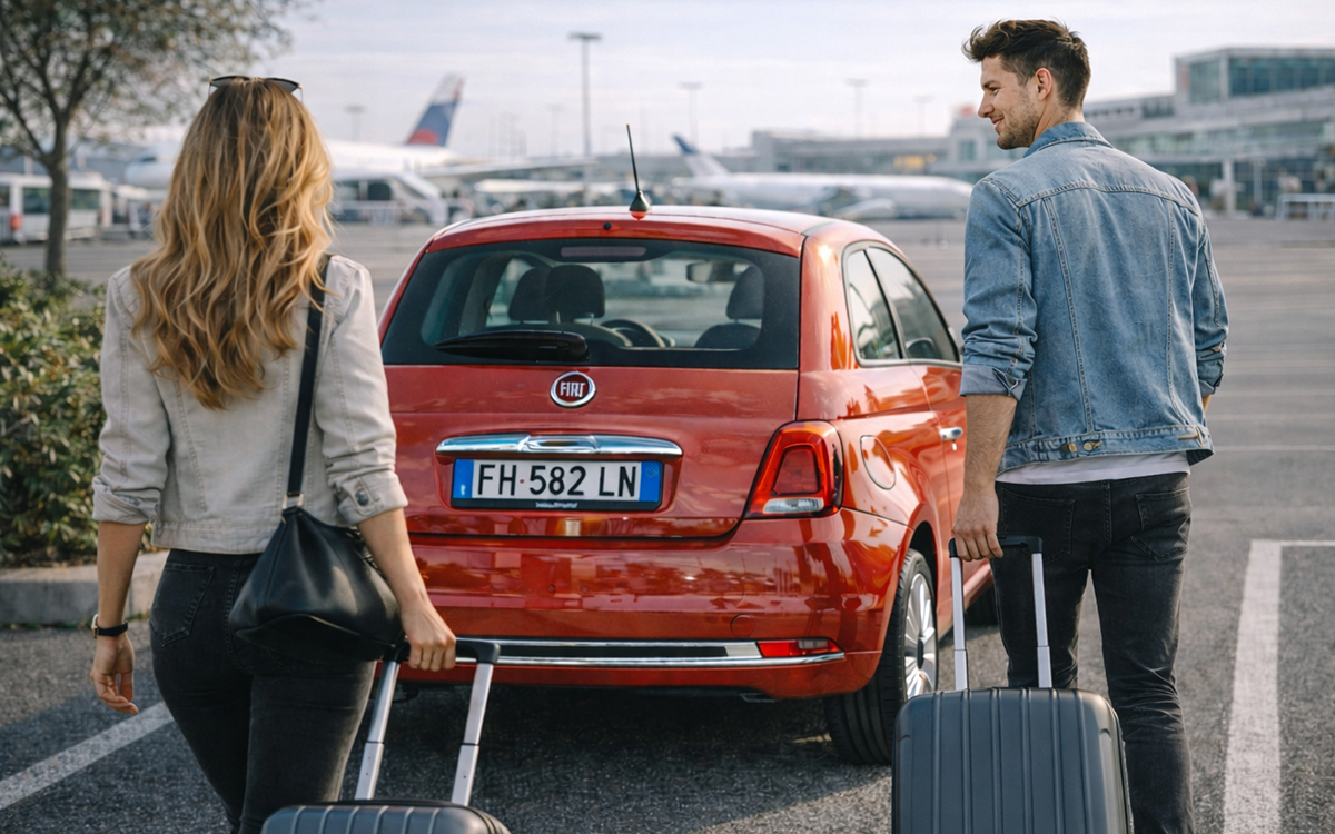 Travelers walking toward their rental car at Naples Airport, Italy, red Fiat 500