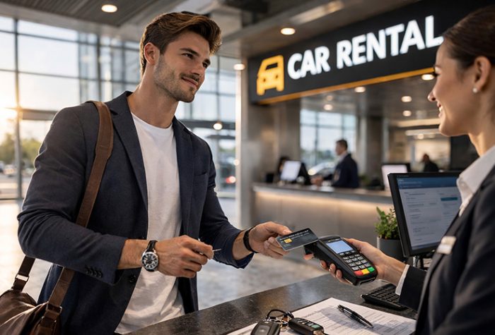 Customer making a car rental with debit card payment at the rental counter using a POS terminal with keys and contract on the desk