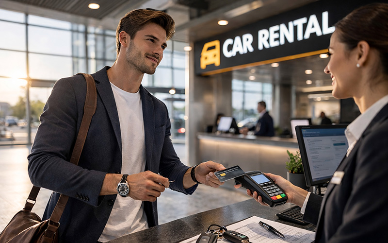 Stranka na pultu podjetja za Najem avtomobila z debetno kartico prek POS-terminala, na mizi so ključi vozila in pogodba o najemu