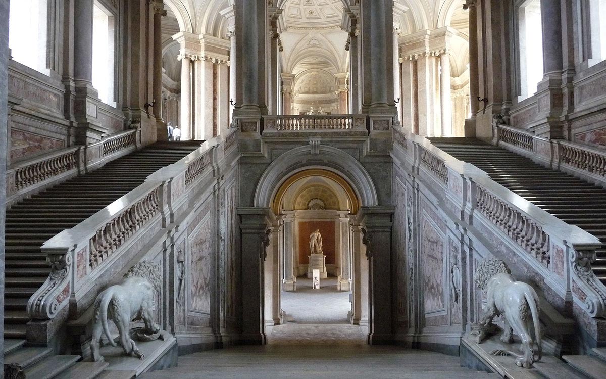 Marble lion statues on the Reggia di Caserta staircase