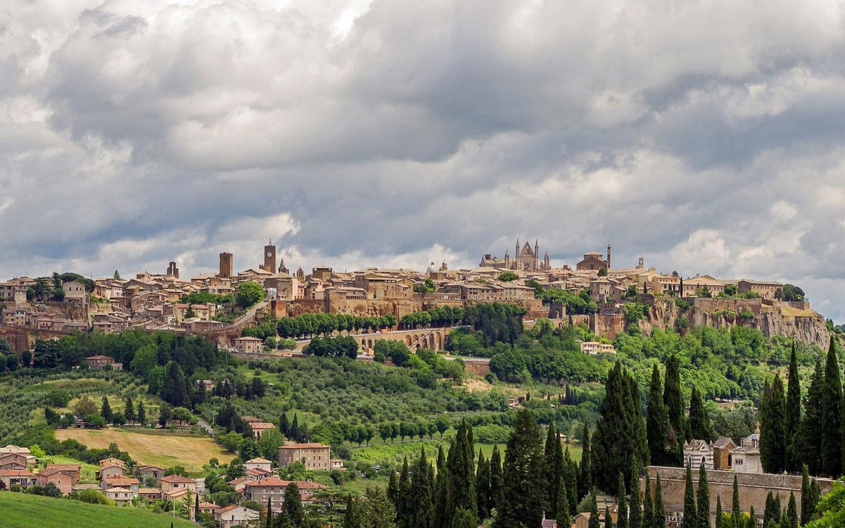 Orvieto skyline and cathedral above vineyards, an easy day trip from Rome
