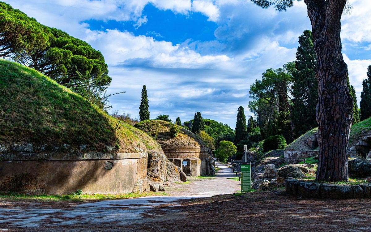 Path between Etruscan tombs under umbrella pines in Cerveteri